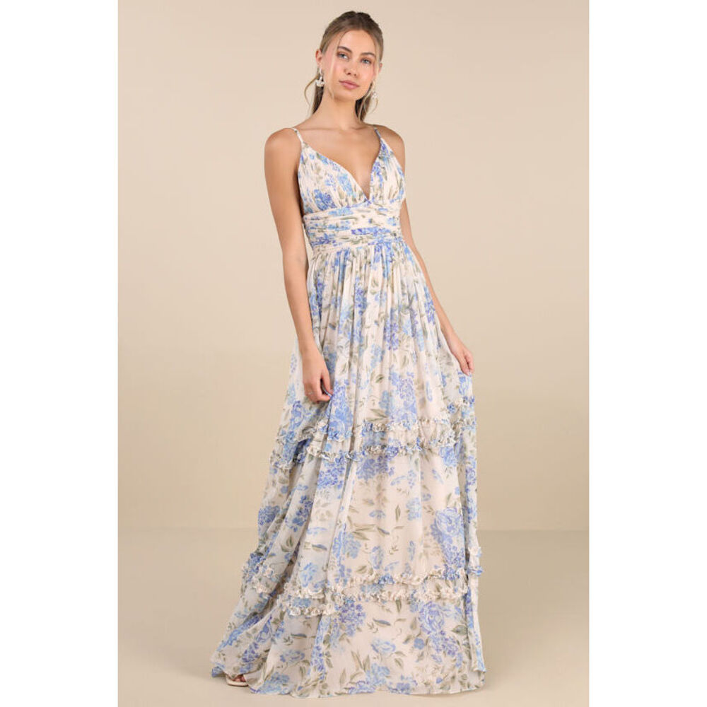 Lulus Niora Beige And Blue Floral Pleated Maxi Dress - Size XL - Picture 1 of 1